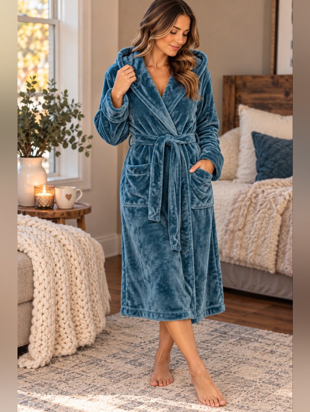 Elysian Teal Plush Hooded Bathrobe Belted Robe Size Small